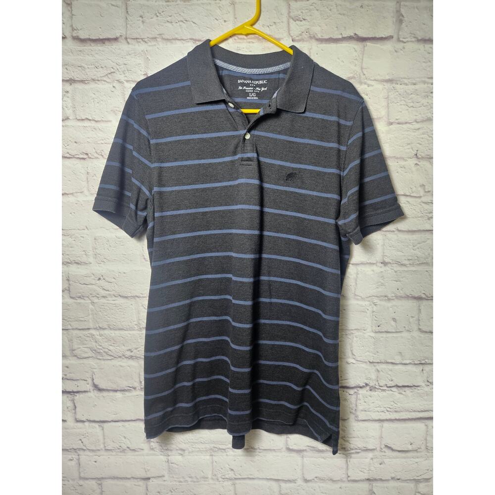 Banana Republic Men's Short Sleeve Polo Shirt Gray Blue Stripes Large‎ - Picture 6 of 6